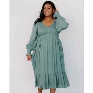 Baltic Born Lainey Smocked Dotted Swiss Midi Dress 2XL Sage Green Boho Festival